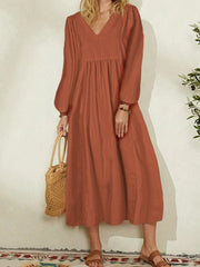 Lizakosht  Summer Spring Solid V Neck Lantern Sleeve Dress Elegant Casual Loose Cotton Linen Party Dress Women Office Commute A-Line  Dress