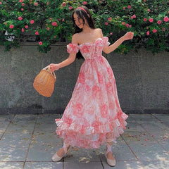 Lizakosht French Floral Dress Holiday Dress Puff Sleeve Long Dress Romantic