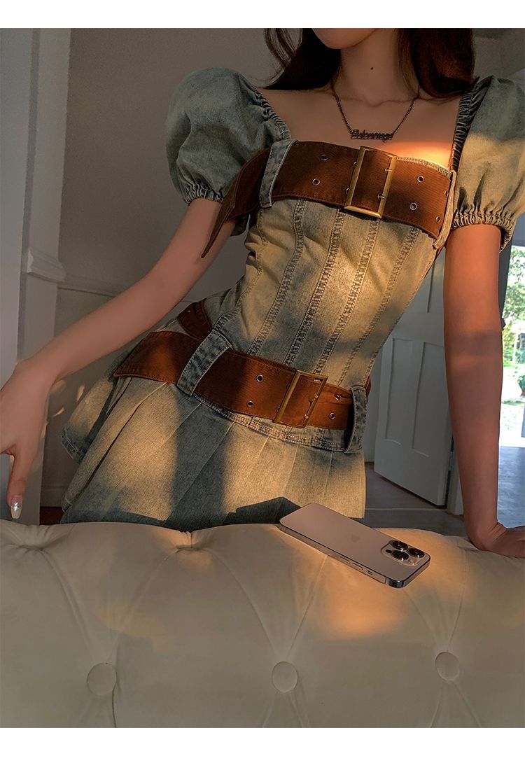 Lizakosht Sexy Y2k Dress Denim Women Streetwear Chic Bodycon Summer Mini Dresses Pleated Square Collar Puff Sleeve Party Robe
