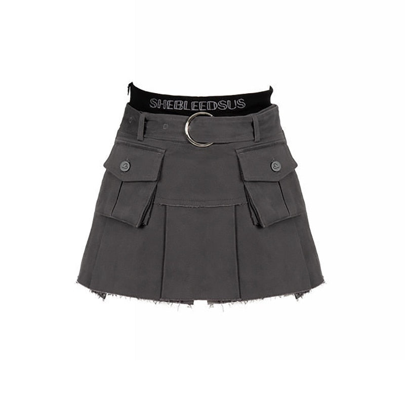 Lizakosht Denim Cargo Skirt Women Vintage High Waist Pocket Belt Pleated Mini Skirt Sexy Fake Two-piece Patchwork Streetwear Y2k