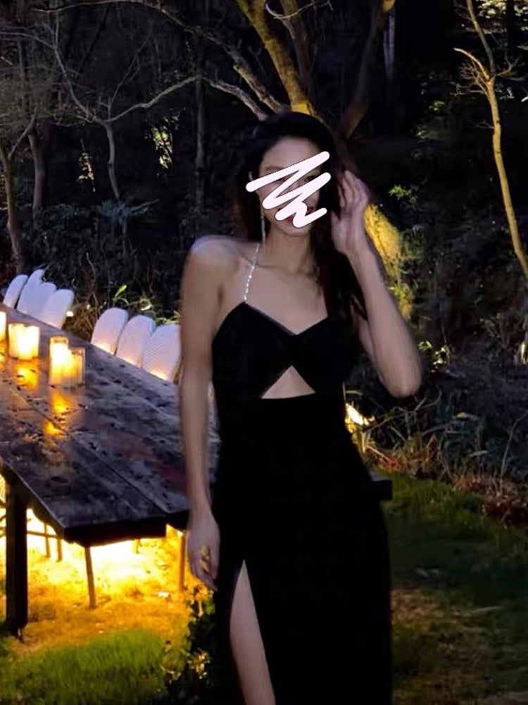 Summer Elegant Sexy Spaghetti Strap Midi Women Black Dress Bodycon Slim Backless Beach Party Vestidos Female Fashion Clothes
