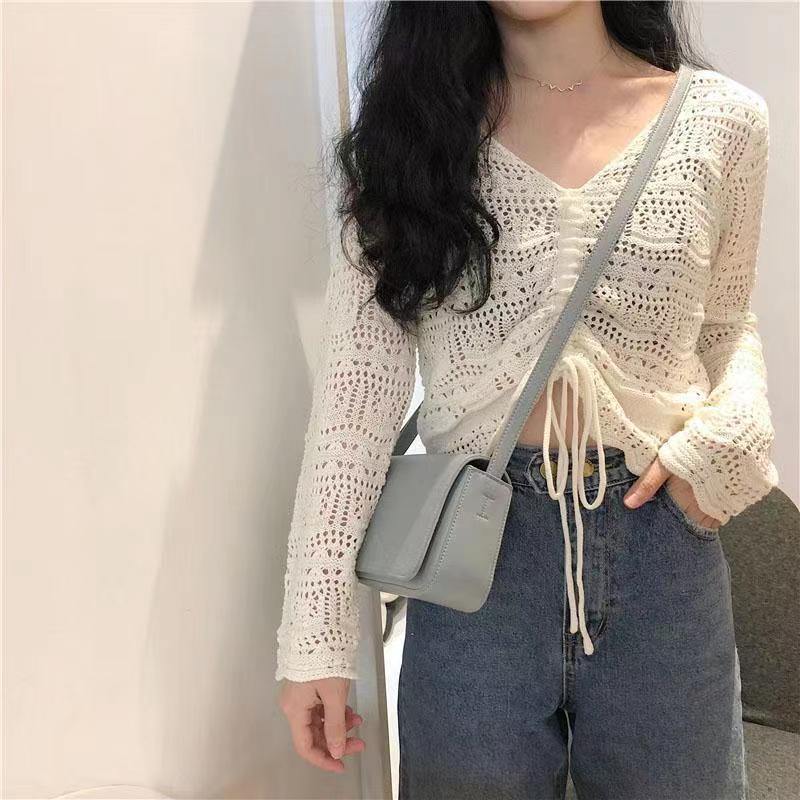 Butterfly knitted top off-shoulder ripped short summer new Korean style lazy commuter style short sweater women sweater