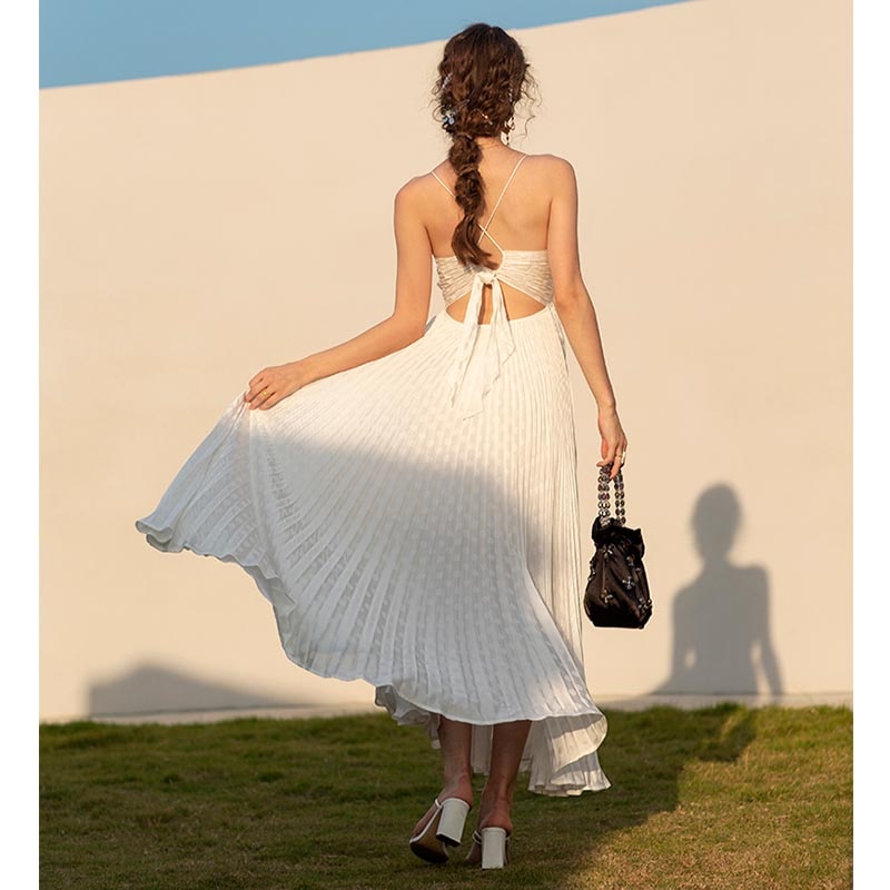 Lizakosht White Elegant Maxi Dress Bodycon Women Sleeveless Deep V Neck Sexy Vestido Party Spaghetti Summer Vacation Pleated Clothing