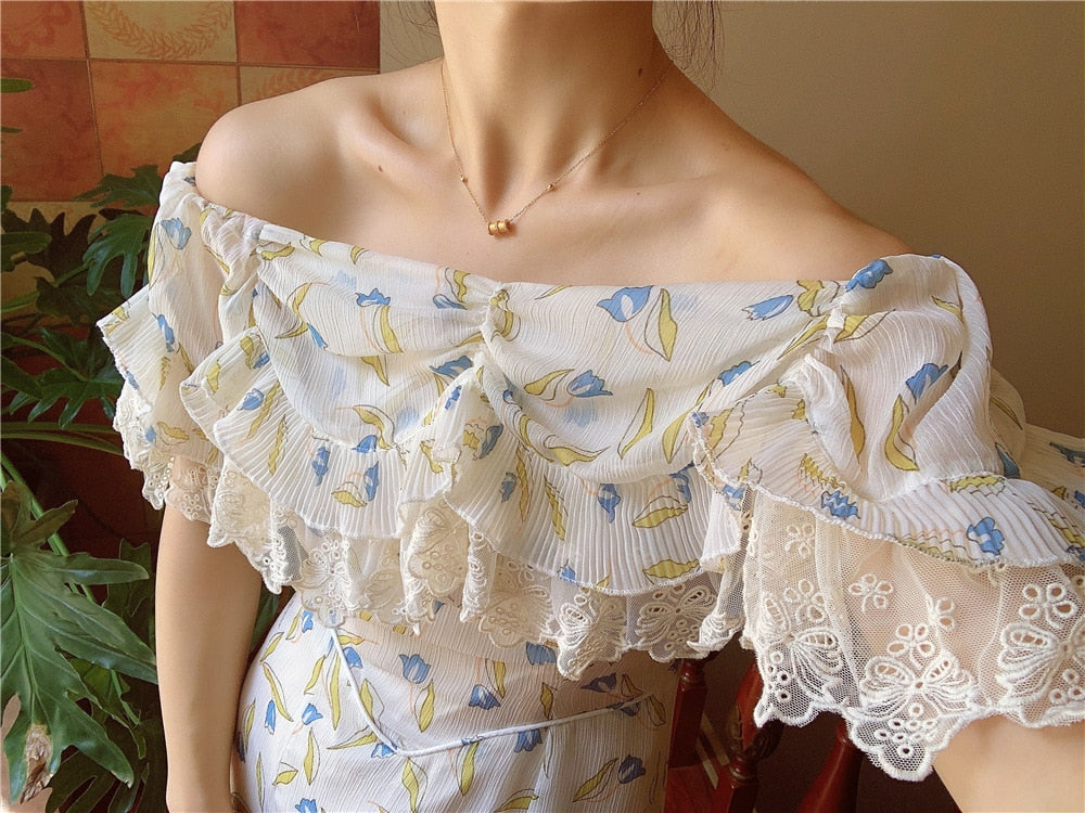 Lizakosht Dress For Women Vintage Elegant Slim Sexy Lace Slash Neck Floral Print Mini Dress Korean Fashion Summer Chiffon Bodycon Dress