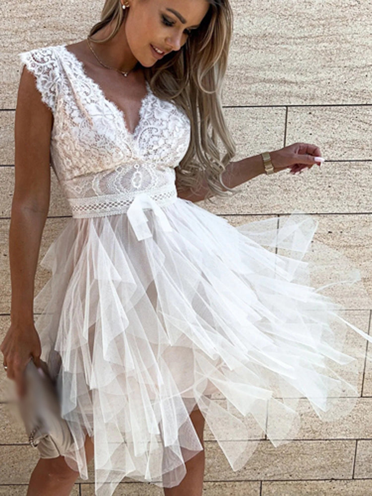 Lizakosht  Women Sexy V Neck Mini Dress Elegant Embroidery Crochet Lace Patchwork Double Ruffle Short Dress Summer Sleeveless Party Dresses