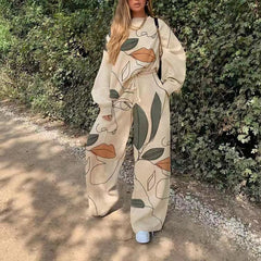 Lizakosht Autumn 2-Piece Set Women's Printed Casual Round Neck Sweater + Sports Wide Leg Pants Streetwear Basic Hoodie Set
