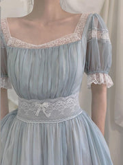Fairy Party Dress Women Summer Vintage Blue Lace Meash Princess Dress Kawaii Lolita Elegant Casual One Piece Vestido
