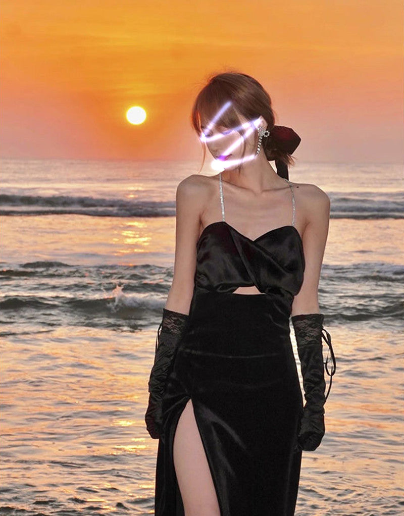 Summer Elegant Sexy Spaghetti Strap Midi Women Black Dress Bodycon Slim Backless Beach Party Vestidos Female Fashion Clothes