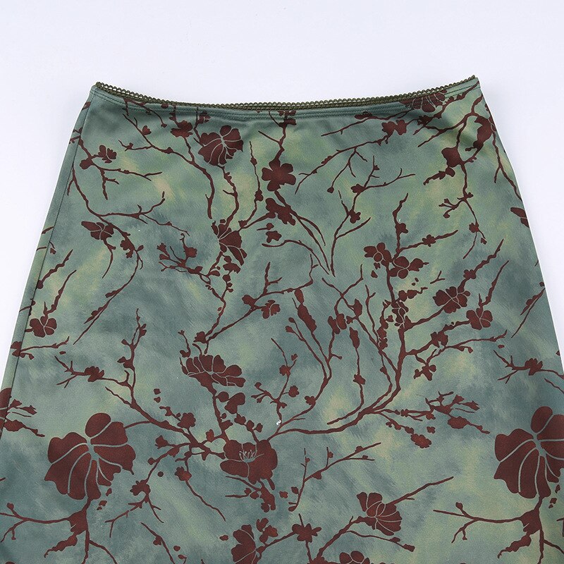 Lizakosht  Vintage Printed Long Skirt Women Y2k Grunge Green Cottagecore Low Waist Slim Straight Midi Skirt Girls 90s Aesthetic