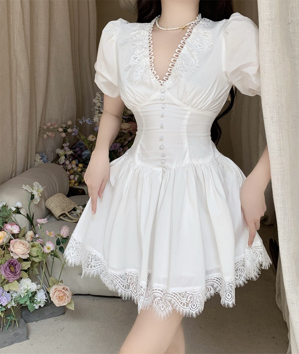 V-neck Lace Princess Dress Sexy Women's Summer Mini Dress 2022 Black High Waist  Slim Puffy Short Sleeve Party Dress Robe Femme