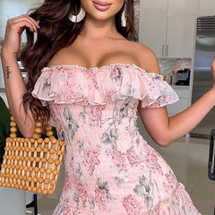 Lizakosht Women Elegant Party Formal Dress Slash Neck Strapless Backless Dress Short Ruffle Sleeve Pleated High Waist Print Chiffon Dress