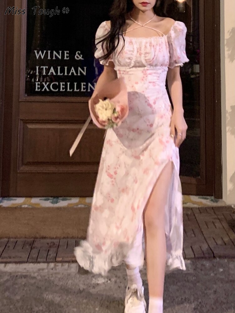 Summer Floral Baech Korea Sweet Dress Women Print Lace Casual France Vintage Fairy Dress Pink Sexy Elegant Party Mini Dress 2022