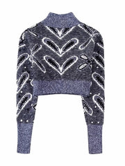 Lizakosht Elegant Women Knit Cropped Jacquard Sweater With Pompoms High Neck Long Sleeves Pullovers Streetwear