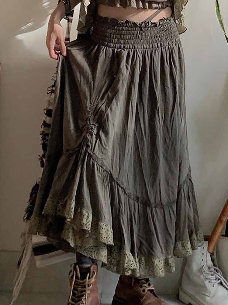 Lizakosht Long Skirt Vintage A-line Lace Splice Low Waist Maxi Skirts for Women Casual Country Style Summer Clothes Fashion