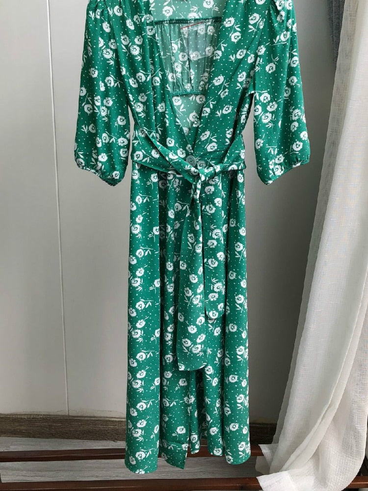 Lizakosht Women Dress New Vintage Floral printing Waist Wrap tea midi dress Long One-Piece Dress