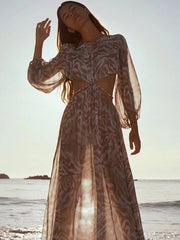 Lizakosht Ladies Fashion Cutout Design Print Dress Long Sleeve Back Cross Strap Backless Fashion Long Dress