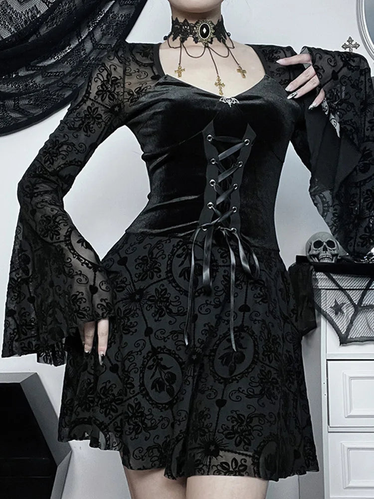 Lizakosht Harajuku Women's Vintage Gothic Long Sleeve Ruffle Mini Dress V Neck Velvet Stretchy Bodycon Cocktail Dresses Victorian Blouse