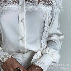 Lizakosht Elegant Lace Shirt Top for Women Sexy Y2K INS Clothes Long Lantern Sleeve Stand Collar Single Breasted Ruffle T-shirt
