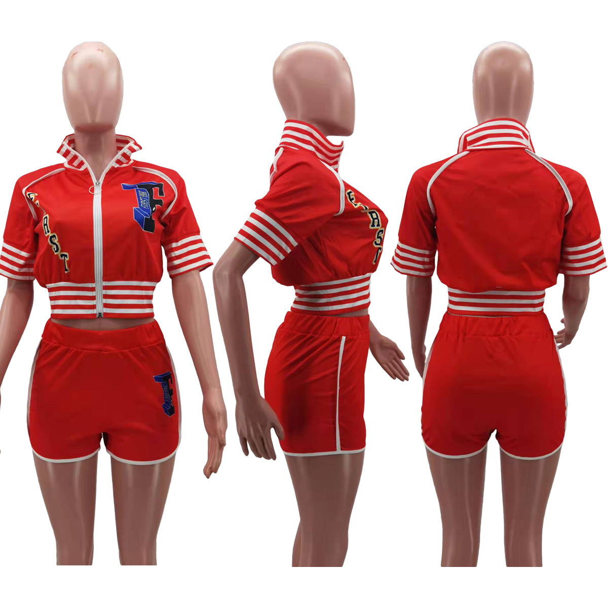 Lizakosht  Letter Striped Active Women 2pcs Set Short Sleeve Jacket and Shorts Set Sport Sweatsuit Tracksuit Two Piece Set Outfits