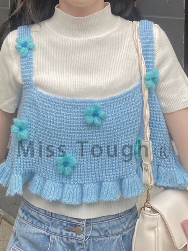 Japanese Kawaii Sweet Tank Top Women Blue Floral France Elegant Cute Tanks Female Casual Korean College Style Vset Summer 2022