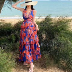 Lizakosht  Summer Backless Beach Long Maxi Dress Vintage Cascading Ruffles Deep V Neck Sexy Floral Print Party Dress Sleeveless Design F242