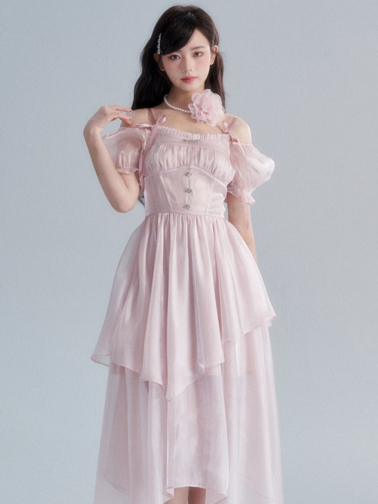Lizakosht Office Lady Korean Fashion Dress Summer Pink A-line Elegant Midi Dress Women Kawaii Short Sleeve Beach Style Dress