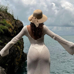 Lizakosht Casual Crochet Long Sleeve Backless Sexy V-Neck Bodycon Elegance Evening Dress Autumn Hollowed Out Beach Knit Long Dress