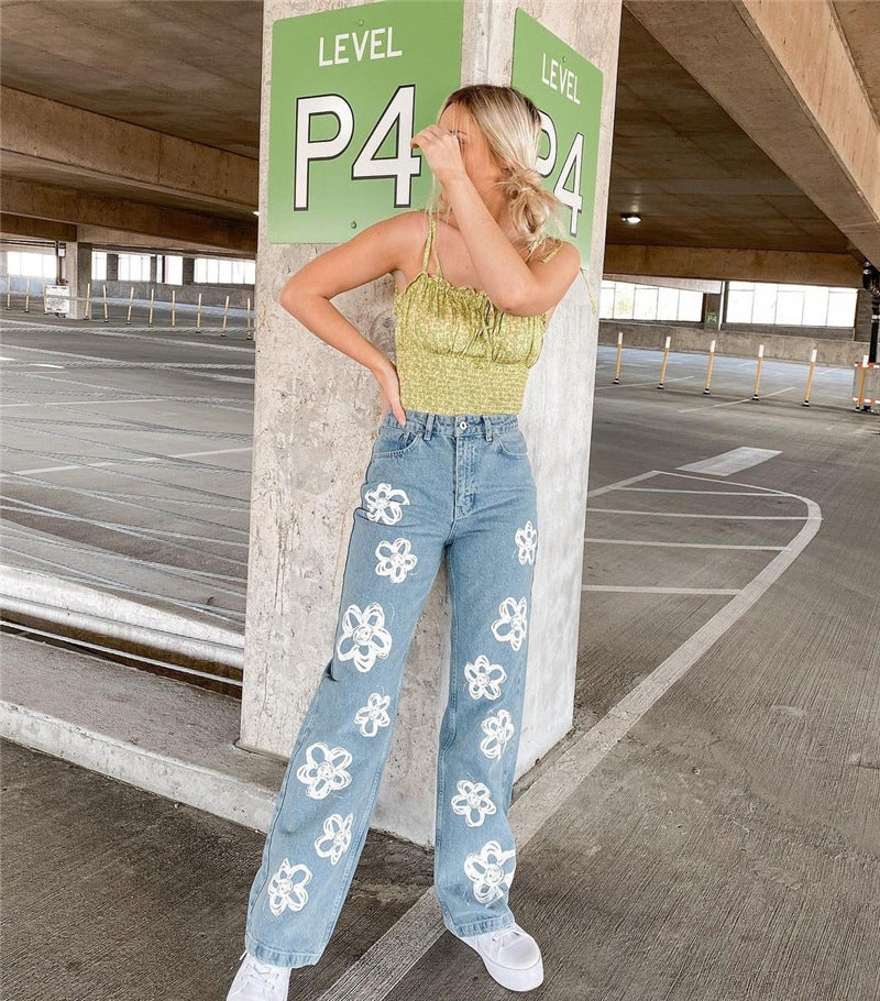 Retro Flower Fashion New Print Graffiti High Waist Jeans Women Casual Straight Jeans Y2k Baggy Wide Leg JeansWomen's Clothing