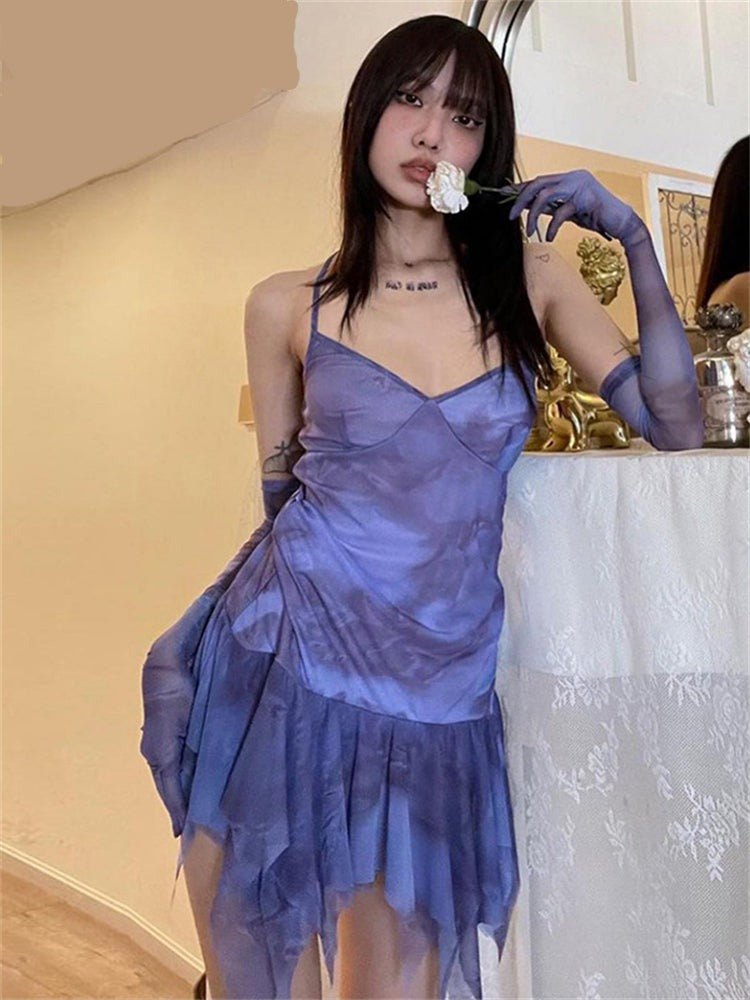 Lizakosht Sexy Mesh Women Y2K Party Irregular Tie Dye Print Strap Bodycon V Neck Mini Dress Summer 2022 Casual Slim Short Dresses