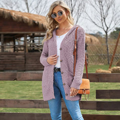 Lizakosht Autumn New  Women Casual Solid Color Knitted Cardigan Ladies Fashion  Button Pocket Long Sleeve Comfort Loose Hooded Coat