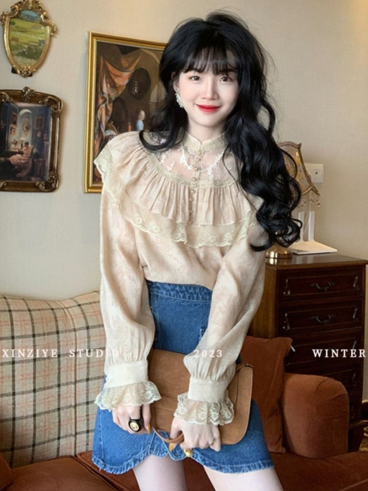 Lizakosht Elegant French Blouse Women Temperament Sweet Ruffles Loose Patchwork Tops Lady Vintage Hollow O-neck Long Sleeve Sweet Shirts