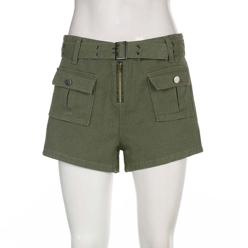 Lizakosht Summer Pocket Stitching Overalls Casual Shorts Women's Summer Belt Low Waist Jeans Hot Pants