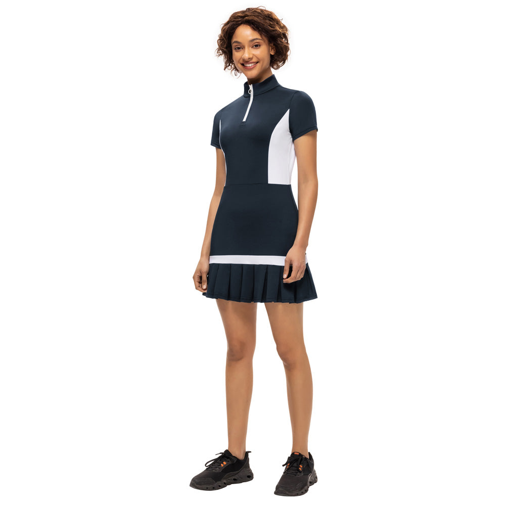 JS Women Mini Dress Tennis & Golf Contrast Color Sports Dress Fashion Summer New Short Sleeve Zipper Stand Collar Dress + Boxer