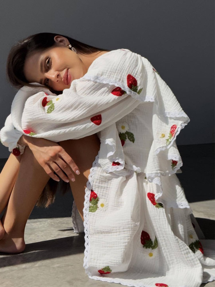 Lizakosht Home Suit Women Pajamas Cotton Linen Top Skirt Set Summer Strawberry Pattern Ruffle Long Sleeve Button Blouse Mini Skirt Outfits
