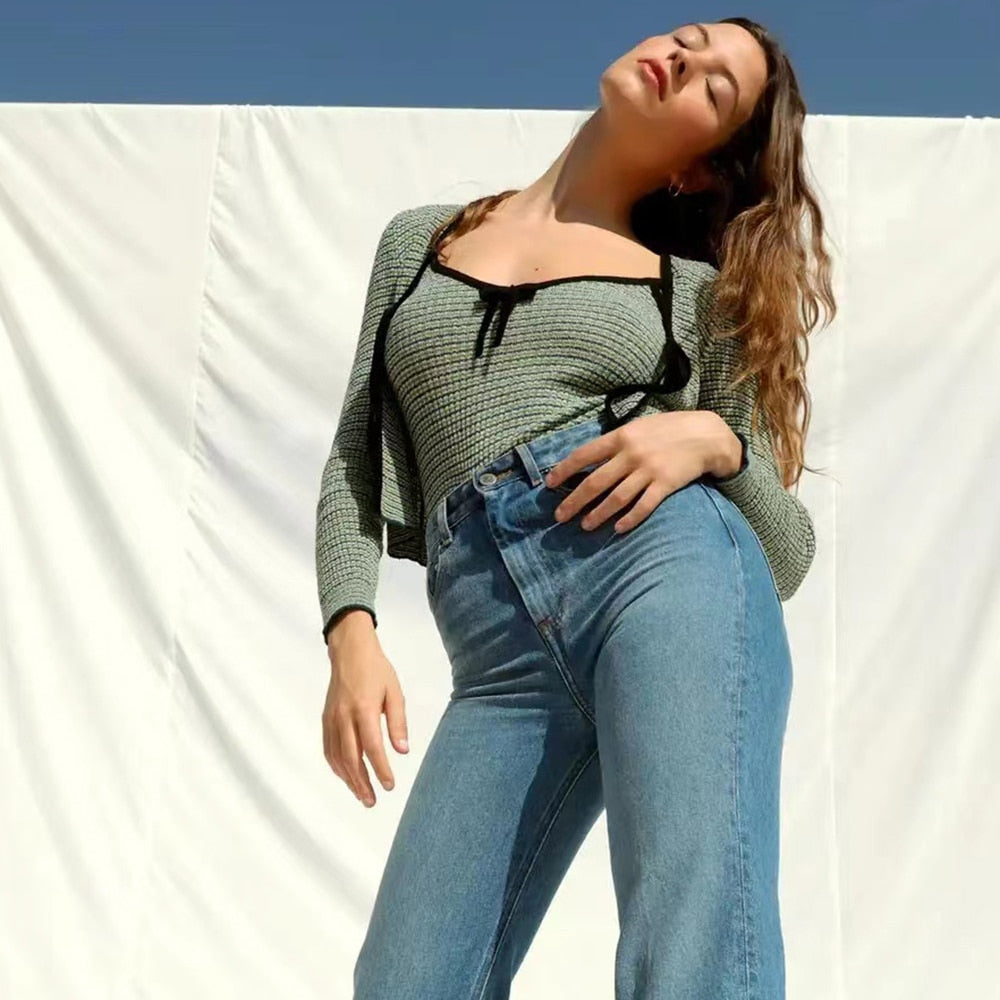 Lizakosht Rowling Mirror Striped Belt Knit Women Cardigan V-neck Long Sleeve Loose Lady Blouse Casual Female Tops