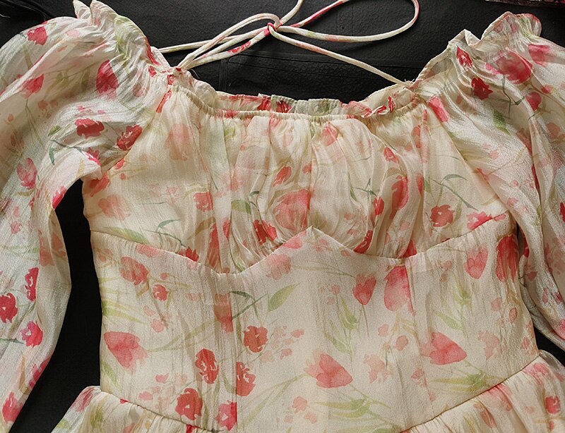 Holiday Chiffon Floral Dress Long Sleeve Women Summer Dress Oversized Off Shoulder Sexy High Waist Sweet Mini Beach Dress