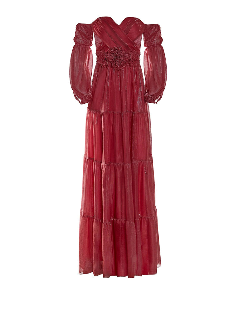 New Summer Women'S Dress One Word Neck Long Sleeve Solid Color Dresses Sexy Backless Pastoral Style Wine Red Lace Dress