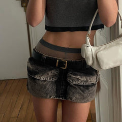 Lizakosht Punk Style Pockets Sexy Micro Skirts Harajuku Cyber Gothic Vintage Washed Denim Skirt Y2k Low Waist Streetwear Grunge Bottoms