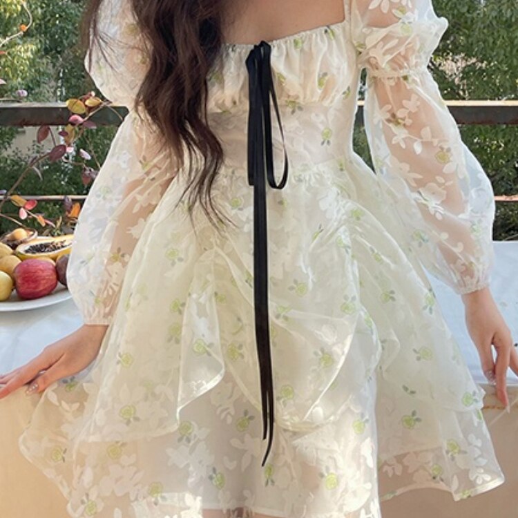 Lizakosht  Summer Sweet Floral Midi Dress Long Sleeve Elegant Short Party Dress Woman Casual Vintage One Piece Dress Korea Fashion Bow