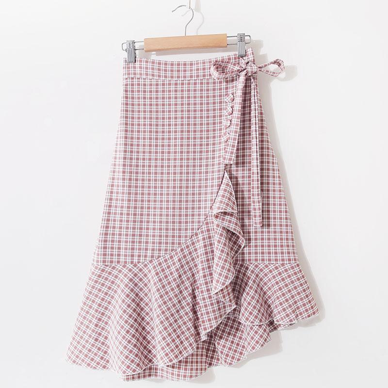 Summer Korean Lace-up Plaid High Waist Slim Ruffled Irregular Midi Skirt Elastic Waist A-line Side Split Ruffles Knee Skirts