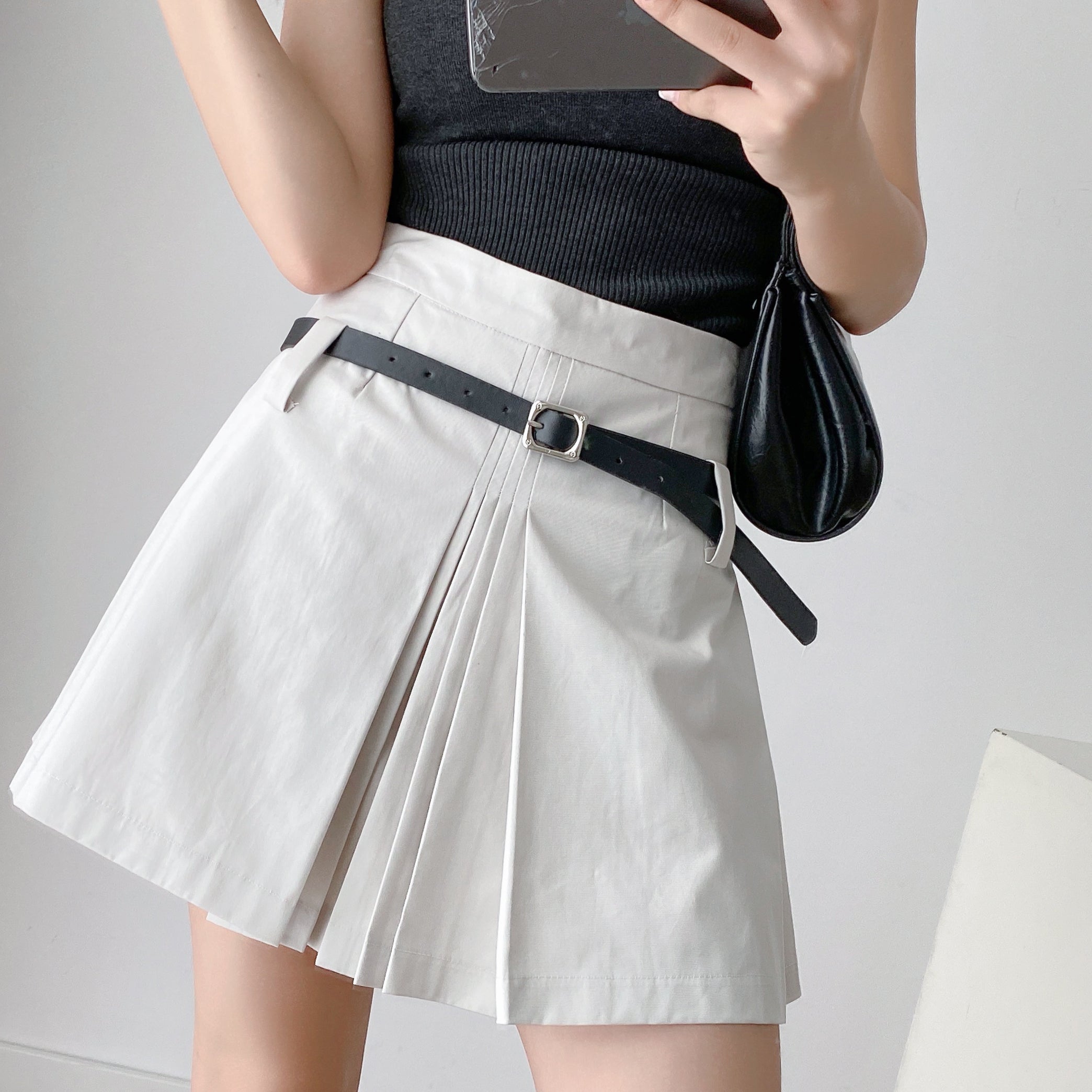 Lizakosht Vintage Summer Front Side Ruched Dropped Pleated Mini Skirt Preppy Style High Waist A-Lined Short Skirts Back Zipper