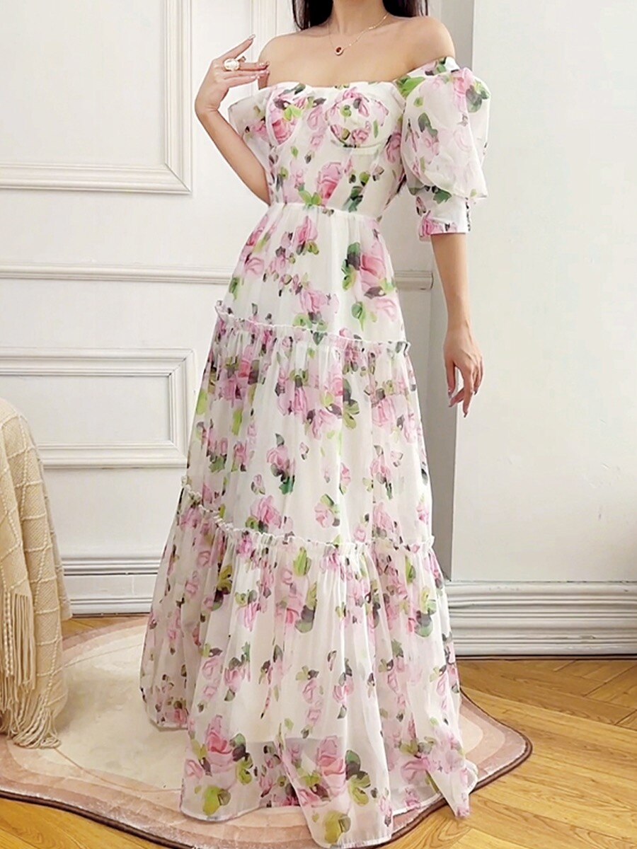 Lizakosht The French court is gentle and shoulders, wearing a light luxury niche big skirt, bubble princess sleeve tea break printed dress
