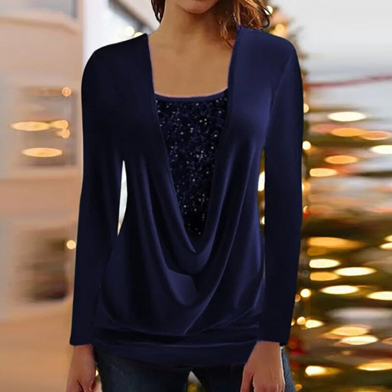 Lizakosht New Solid Sequin Patchwork V-neck Women Top Casual Long Sleeve Drawstring Loose Shirt Autumn Vintage Office Commuter Lady Blouse