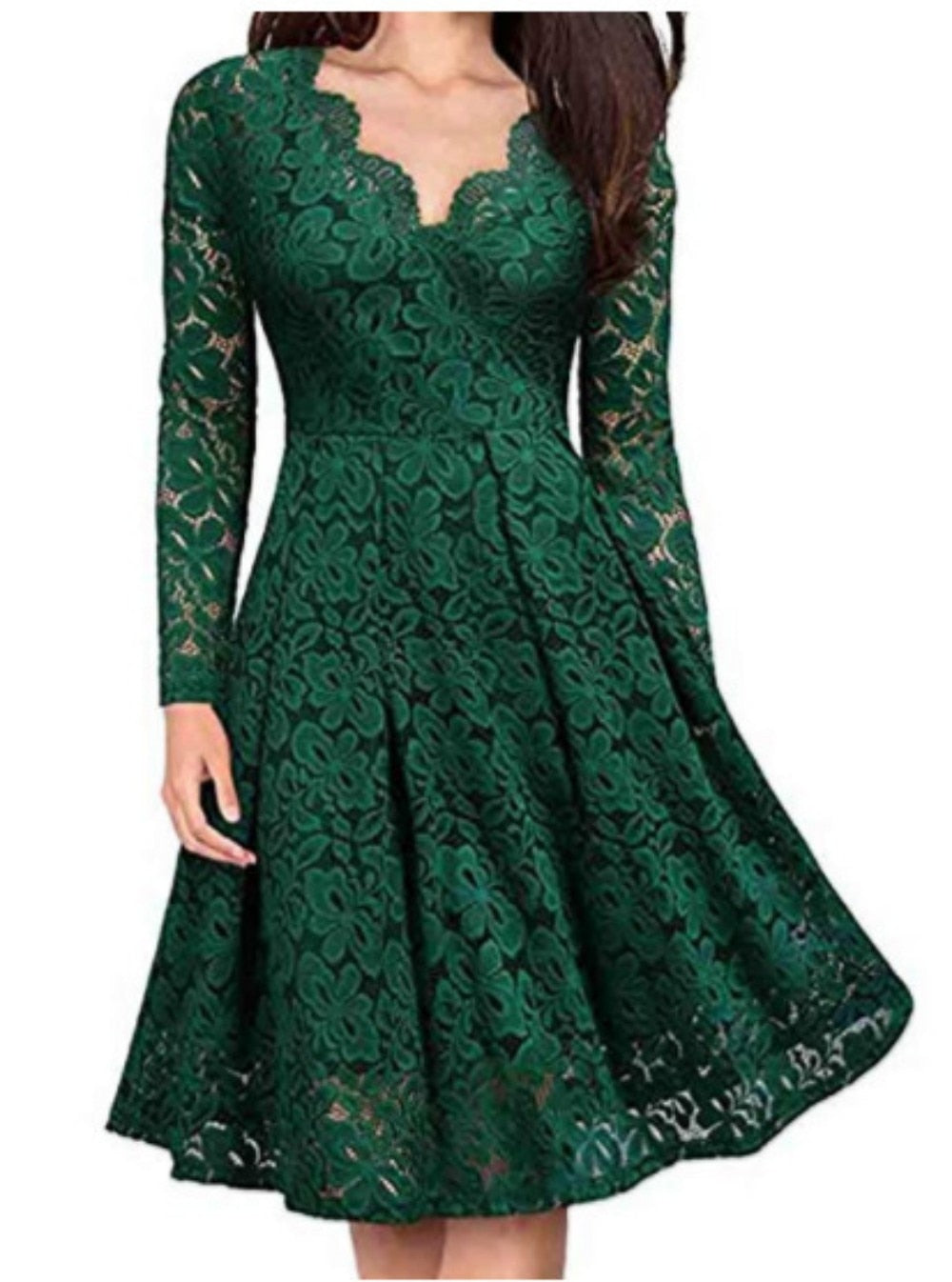 Lizakosht Autumn Winter Women V-Neck Lace Flower Elegant Casual Dress Lined Long-Sleeved Fashion Lady A-Line Formal Evening Gowns Dress