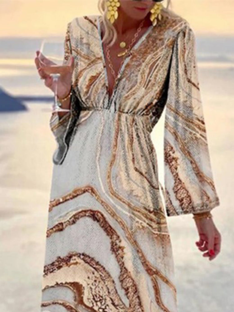 Lizakosht  Elegant Flare Long Sleeve High Waist Boho Beach Dress Women Vintage Print Deep V Maxi Dress Fashion Women Casual Chic Long Dress