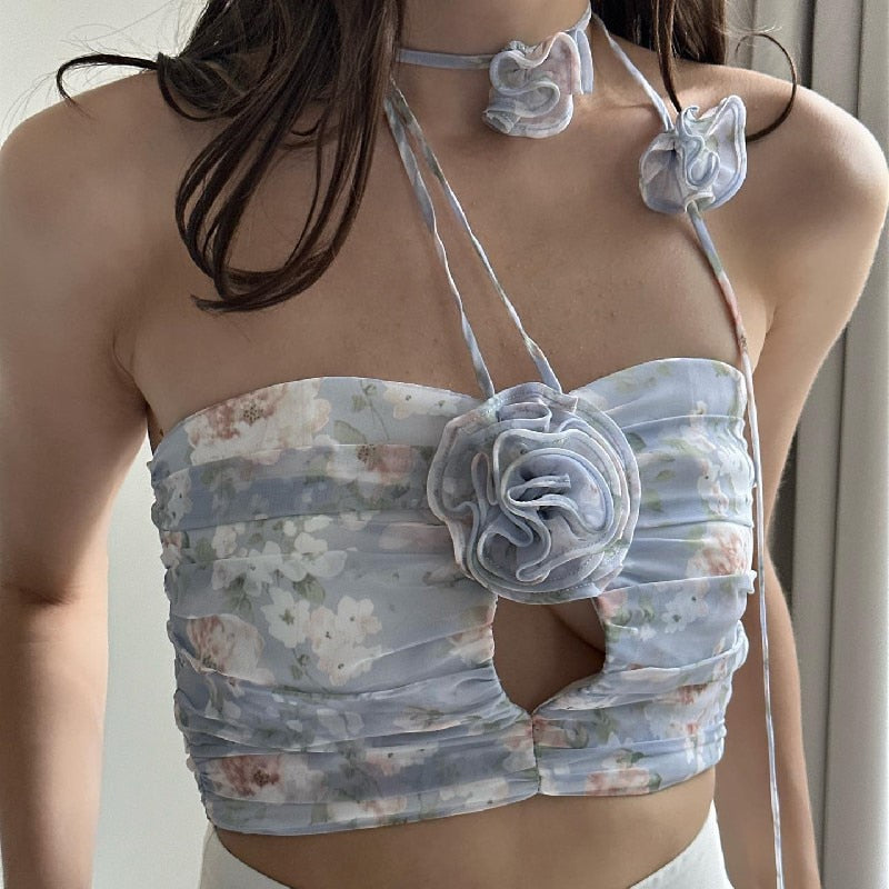 Lizakosht Floral Print Vest for Women Halter Hollow Out Patchwork Three -dimensional Flowers Crop Tops Female Summer New