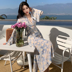 Lizakosht Blue Printed Elegance Dress Women Summer Hollow Out Evening Party Dresses Ladies Sexy Long Vestido Vacation