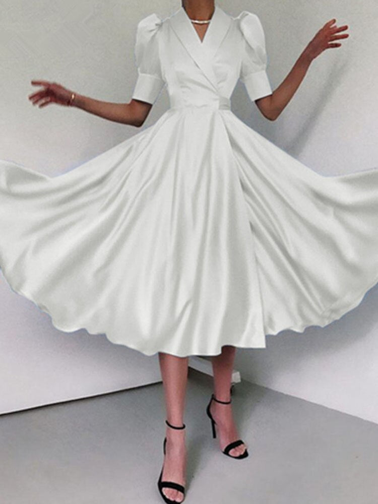 Lizakosht  Elegant Solid Turn-Down Puff Short Sleeve Dress Lady High Waist Split A-Line Party Dress Fashion Summer Pleated Satin Slim Dress