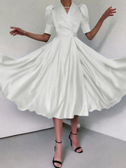 Lizakosht  Elegant Solid Turn-Down Puff Short Sleeve Dress Lady High Waist Split A-Line Party Dress Fashion Summer Pleated Satin Slim Dress
