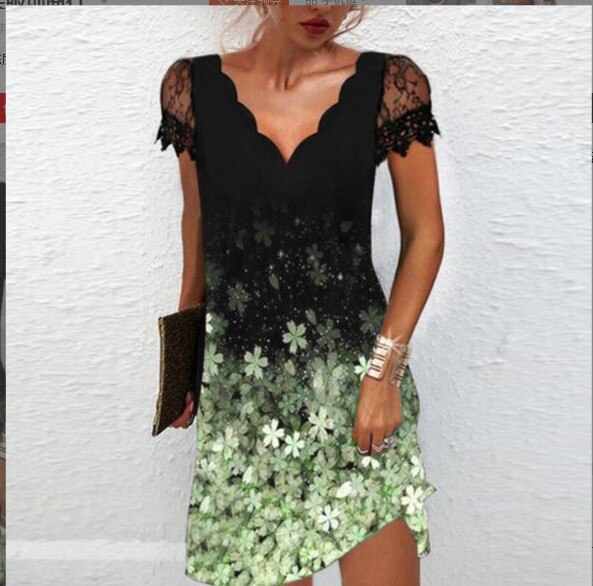 Lizakosht   Women Elegant Dresses Summer V Neck Lace Short Sleeve Dress Sexy Printed Plus Size Female Dresses Black Party Dress Vestidos